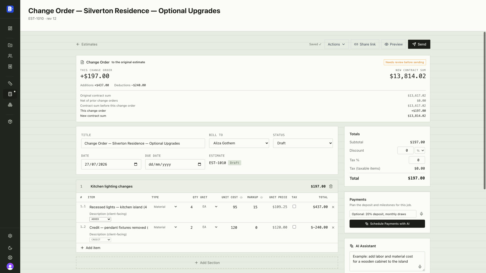 Change order editor showing additions and deductions totalled separately, a credit line, and the new contract sum