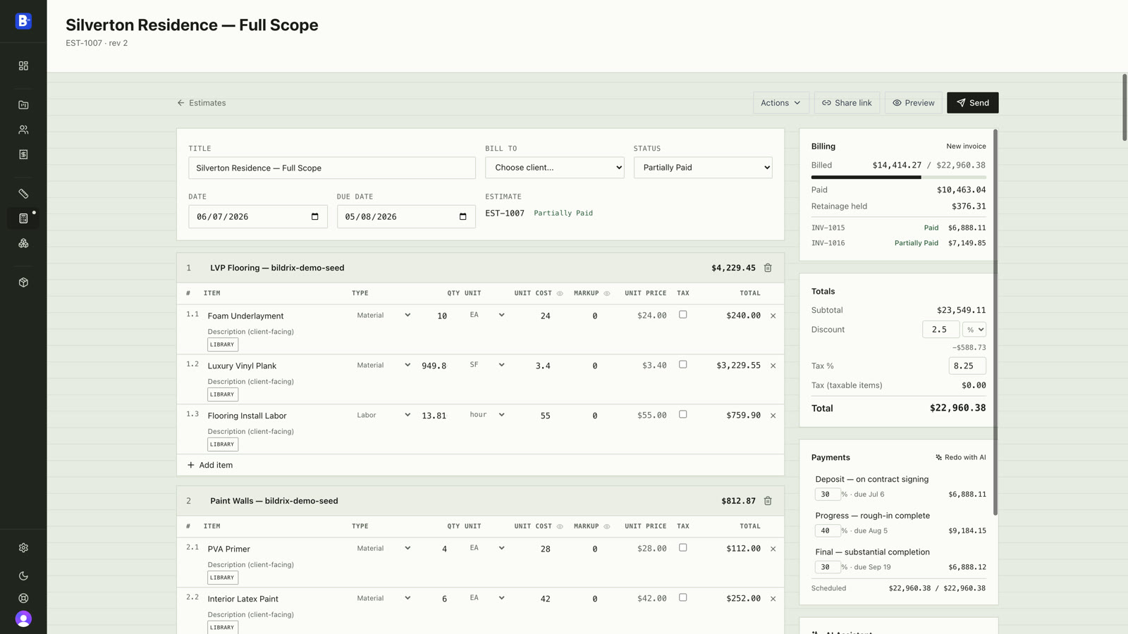 Estimate editor in the internal view: sections with line items, unit costs, billing progress, and a percent-based payment schedule