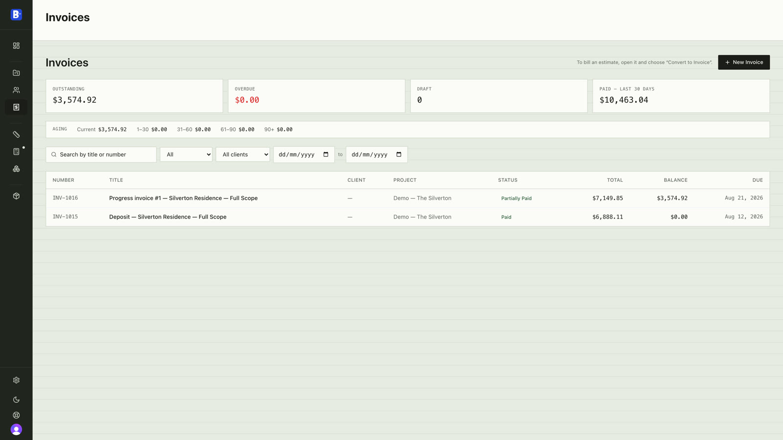 Invoices list with outstanding, overdue, and paid tiles, an aging strip, and progress and deposit invoices for one project