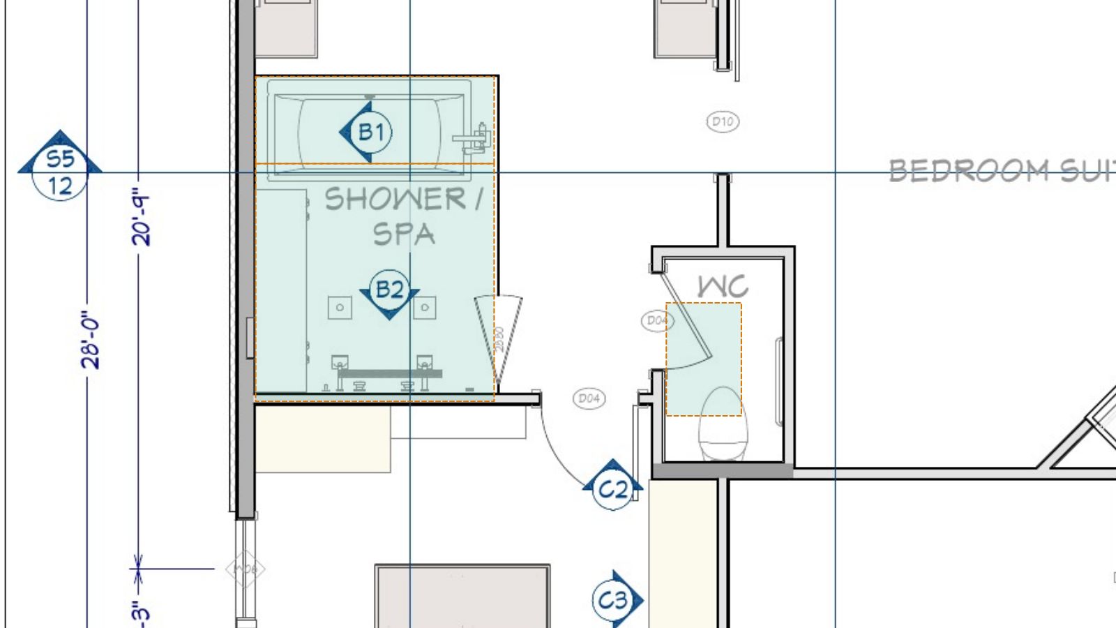 A bath suite on a floor plan in Bildrix, the bathtub, shower and toilet symbols boxed and the sheet’s own callouts left alone