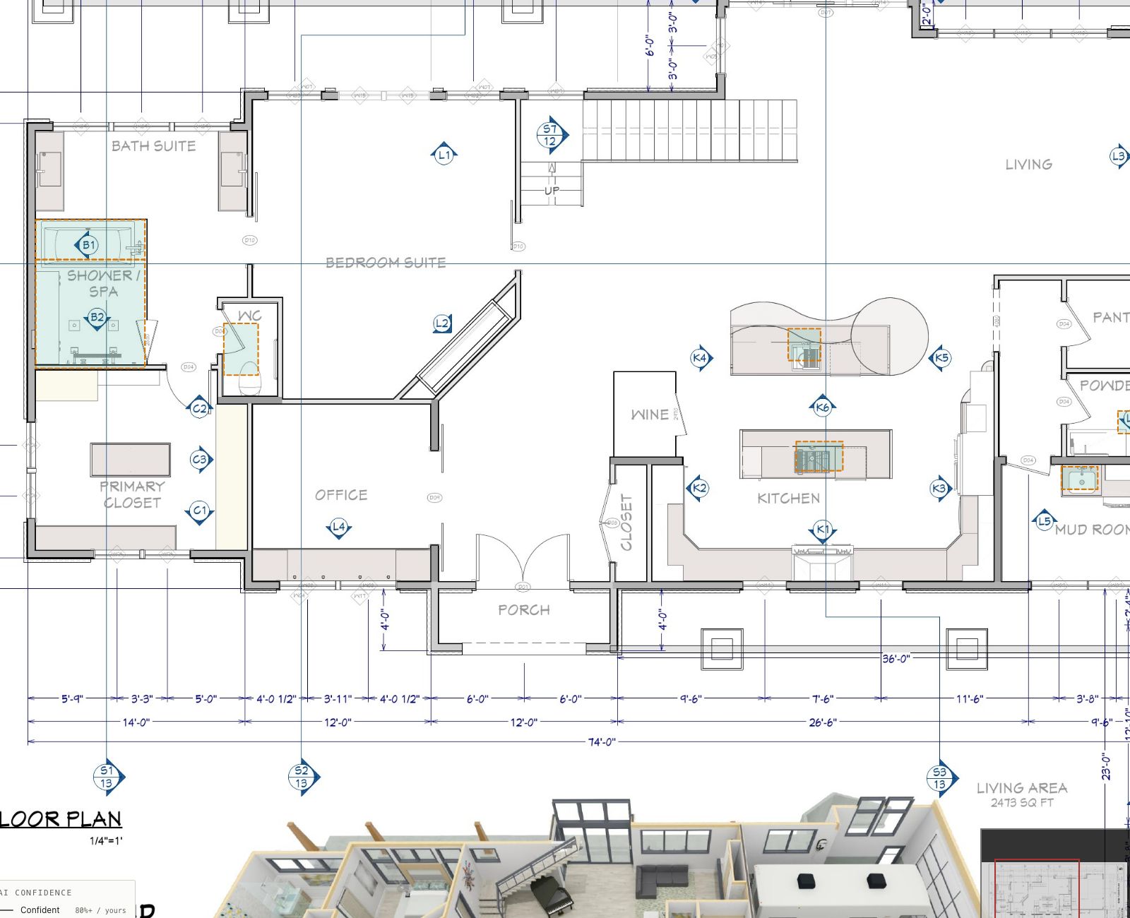 A residential floor plan in Bildrix with the bathtub, shower, toilets and sinks boxed at the symbol