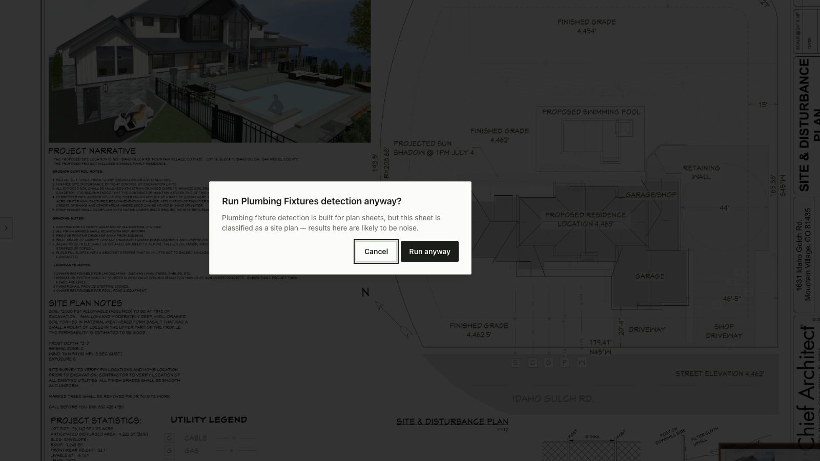 Bildrix declining to run fixture detection on a site plan, the Run anyway prompt shown