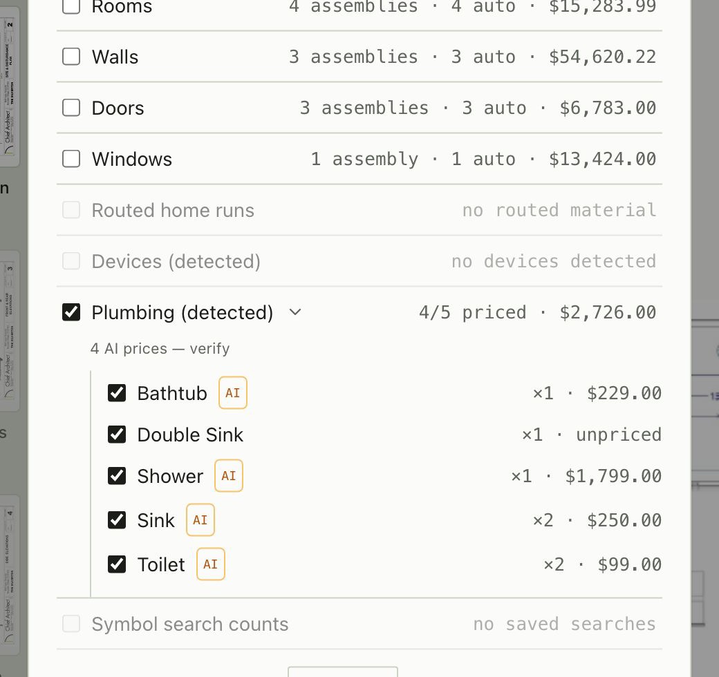 The Bildrix Create estimate dialog on the Plumbing preset: four fixture lines carrying AI prices to verify, one still unpriced