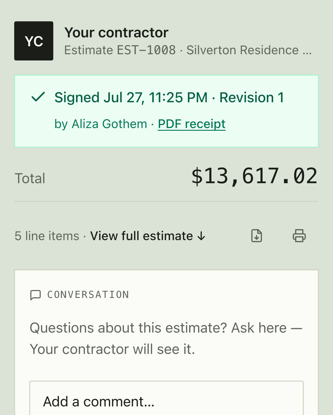 A signed Bildrix estimate on the client share page — sealed and revision-bound