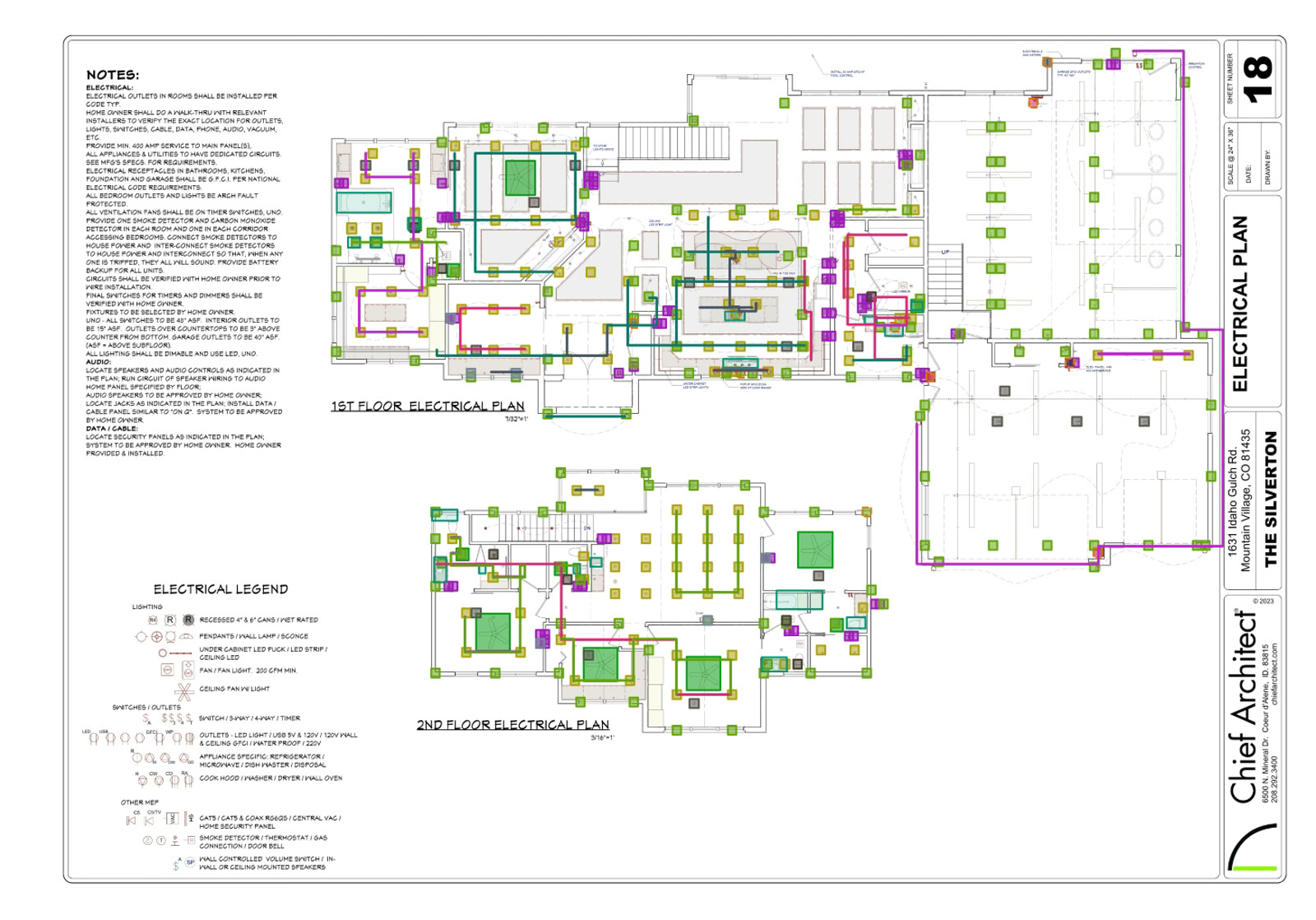 Electrical plan sheet with detected fixtures, switches, and outlets highlighted across both floors