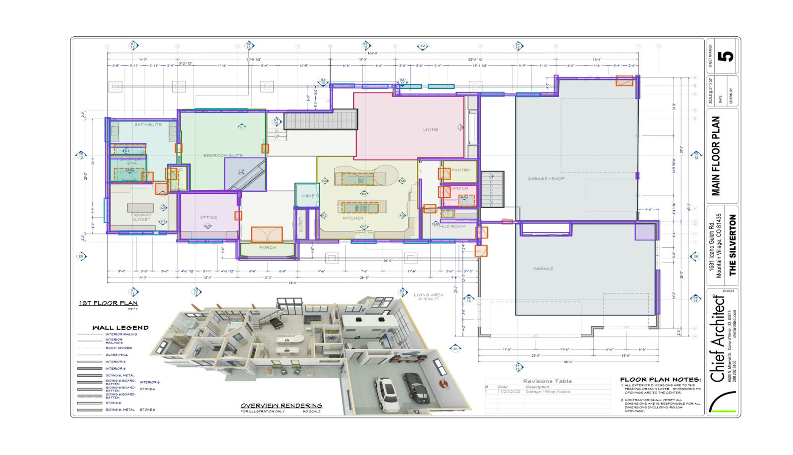 Floor plan sheet after the AI first pass, with rooms, doors, windows, and walls detected and outlined in trade colors