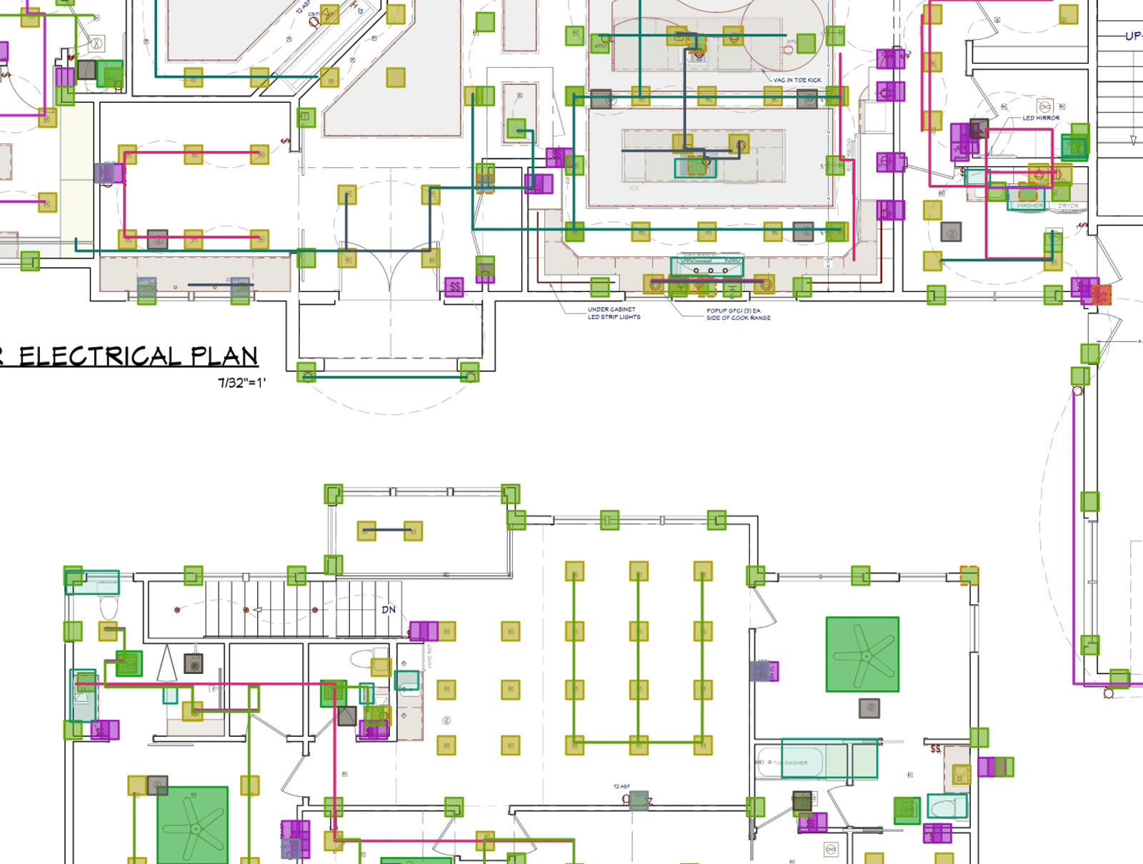 Zoomed electrical plan in Bildrix with wire runs threading between detected devices — routes drawn over the kitchen and bath areas