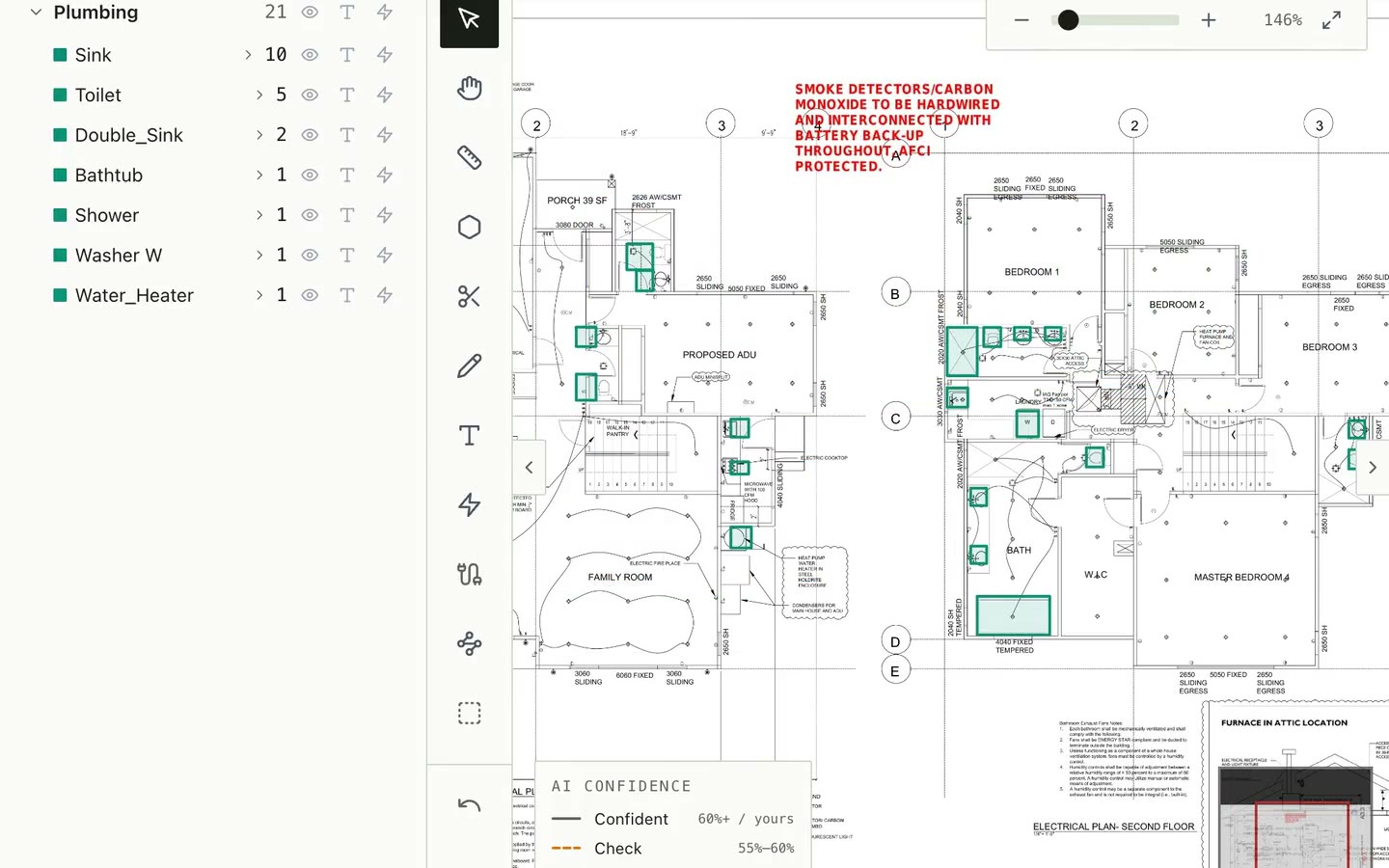 Bildrix compte les appareils d'un plan électrique par type, puis les pièces, portes et murs d'un plan d'étage, puis les appareils de plomberie d'un plan d'étage