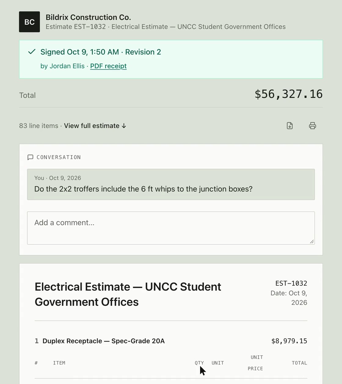 Une estimation Bildrix signée sur la page de partage client, scellée et liée à la révision