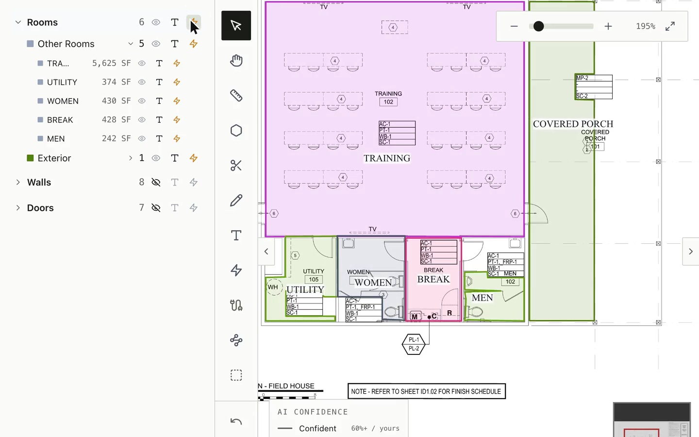 Rooms detected on a floor plan in Bildrix and named from the drawing’s own labels, ready for the finish schedule join
