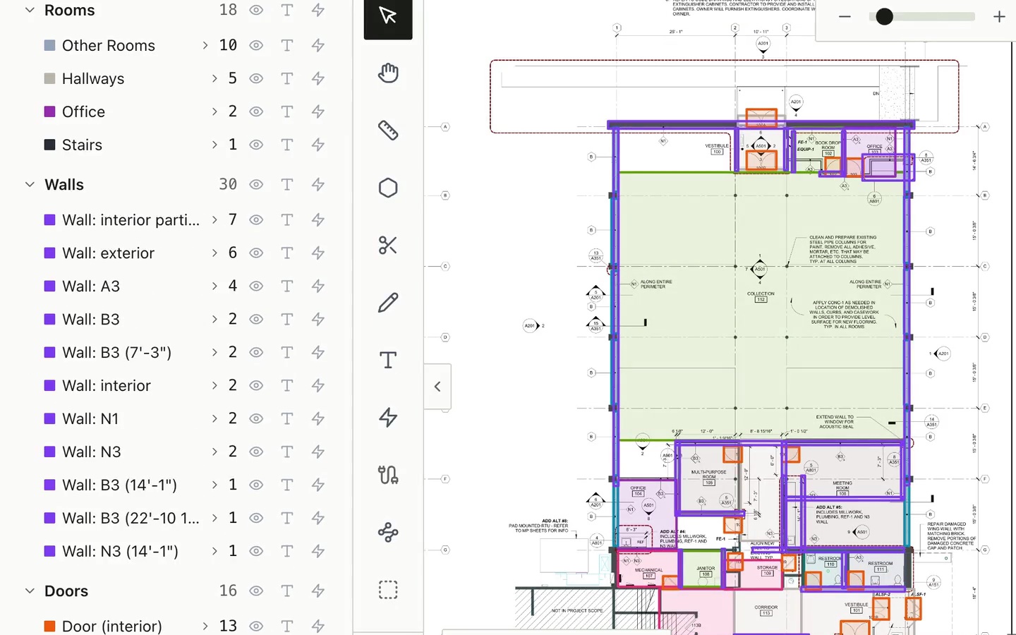 An architectural floor plan in Bildrix with rooms, walls, doors and windows detected, named and measured