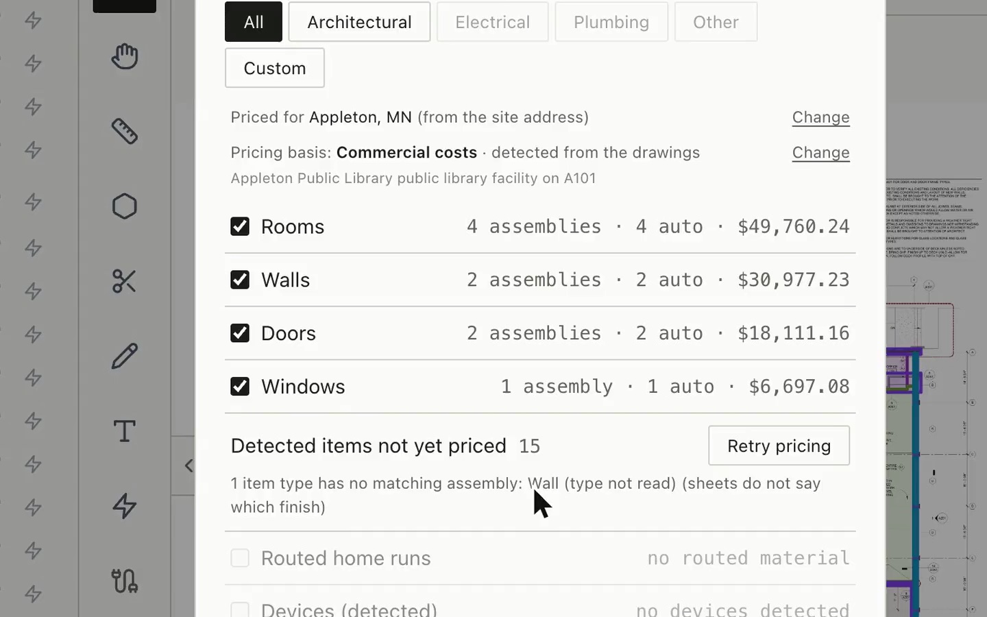 The Bildrix Create estimate dialog pricing typed rooms, walls, doors and windows by assembly, and naming the one wall type the sheets never state as unpriced