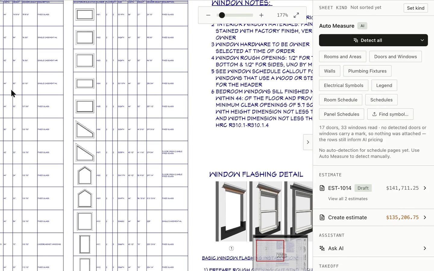 A door and window schedule sheet in Bildrix: Schedules reads 17 doors and 33 windows, then the window schedule table up close