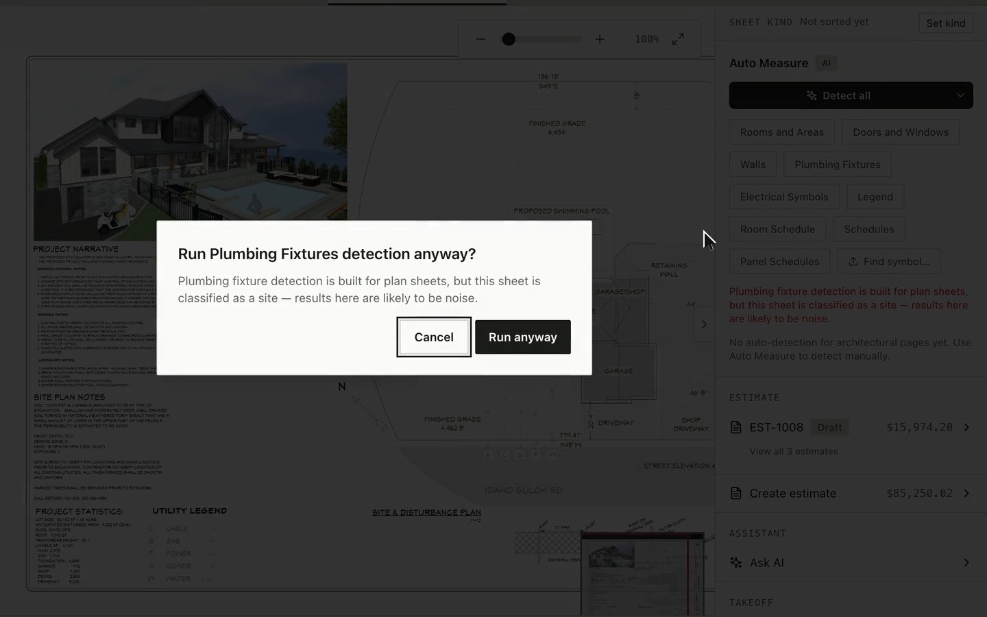 Bildrix declining to run fixture detection on a site plan, the Run anyway prompt shown