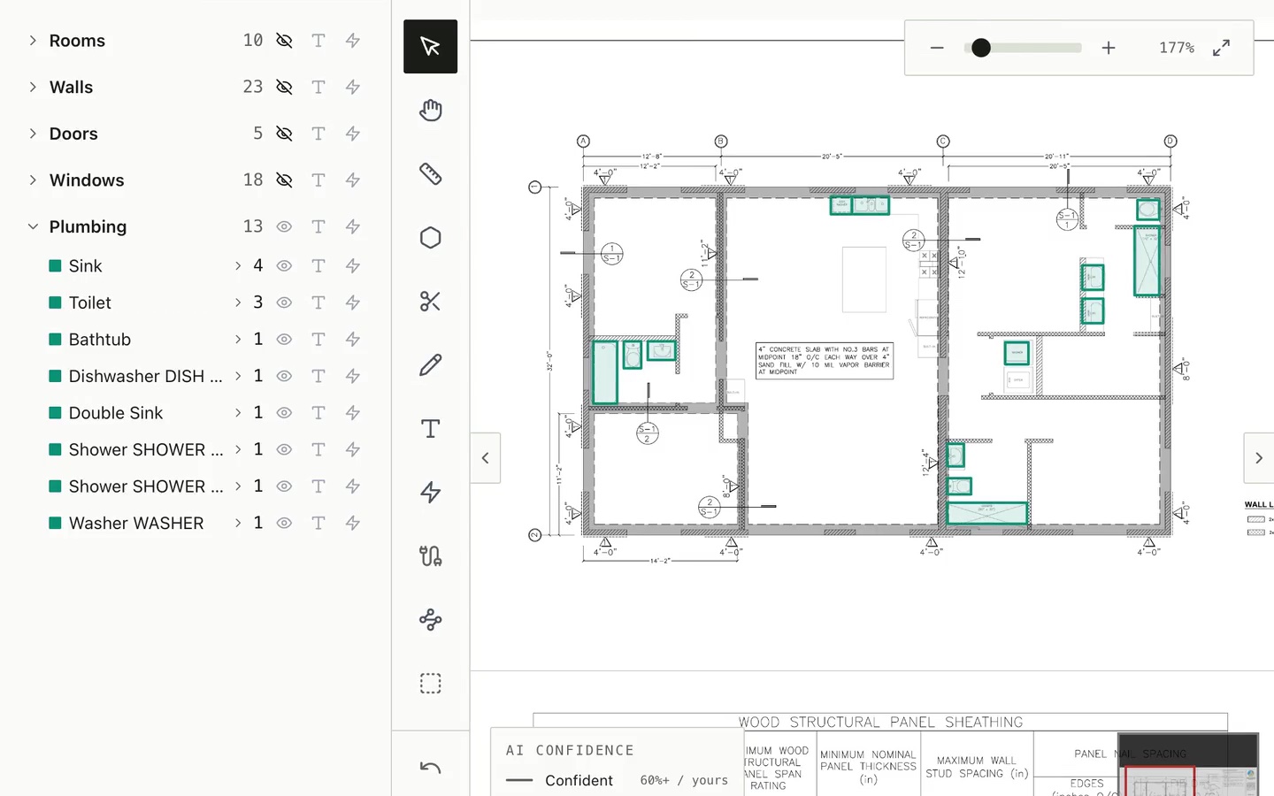 A residential floor plan in Bildrix with the bathtub, shower, toilets and sinks boxed at the symbol