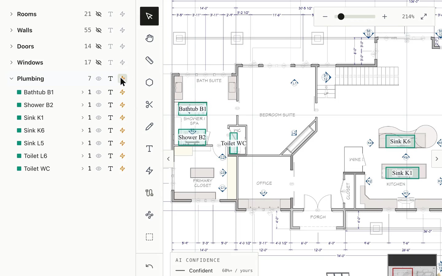 A bath suite and kitchen on a floor plan in Bildrix, each fixture boxed at its symbol and named with the sheet’s own mark: Bathtub B1, Shower B2, Toilet WC, Sink K1