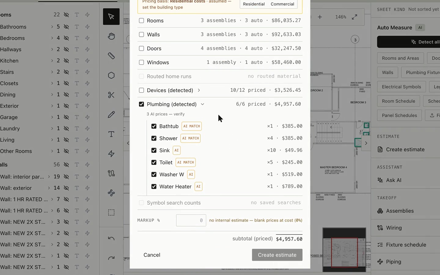 The Bildrix Create estimate dialog on the Plumbing preset: six fixture lines, each price tagged AI or AI match, three flagged to verify